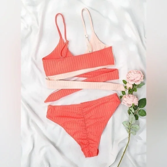 Shein Women's Swimsuits Cross Wrap Tie Back Bikini Top Color Block size Large - Picture 7 of 9